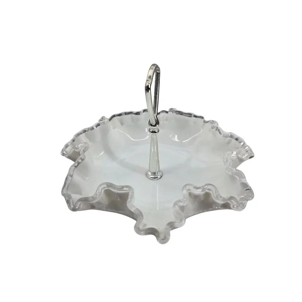 Vintage Fenton Milk Glass Silver Handle Ruffled Edge Candy Dish‎